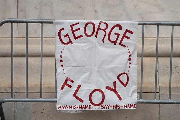 Sign with the name of George Floyd in Washington Square Park during a protest