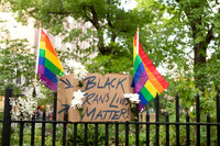 A sign for Black Trans Lives, with Pride FLags in Greenwich Village, June 2, 2020