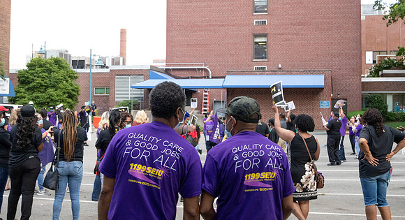 A vigil held at Wynthrop Hospital for Healthcare Workers in Local 1199 demanding a new contract